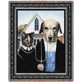 Animal Gothic - Grant Wood's American Gothic Parody - Cotton Woven Blanket