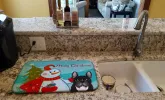 French Bulldog - Black with Merry Christmas Snowman Dish Drying Mat
