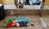 Pug - Black - with Merry Christmas Snowman Dish Drying Mat