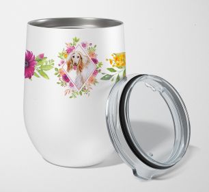 Afghan Hound Pink Flowers Stainless Steel 12 oz Stemless Wine Glass