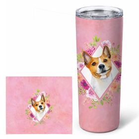 Basenji Pink Flowers Stainless Steel Skinny Tumbler