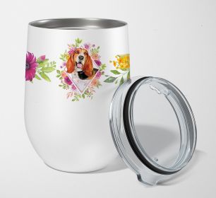 Basset Hound 1 Pink Flowers Stainless Steel 12 oz Stemless Wine Glass