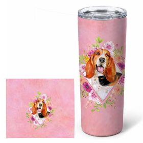 Basset Hound Pink Flowers Stainless Steel Skinny Tumbler