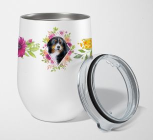 Bernese Mountain Dog 1 Pink Flowers Stainless Steel 12 oz Stemless Wine Glass
