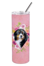 Bernese Mountain Dog Pink Flowers Stainless Steel Skinny Tumbler