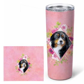 Bernese Mountain Dog Pink Flowers Stainless Steel Skinny Tumbler