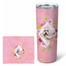 Bichon Frise #1 Pink Flowers Stainless Steel Skinny Tumbler