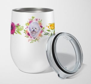 Bichon Frise #2 Pink Flowers Stainless Steel 12 oz Stemless Wine Glass