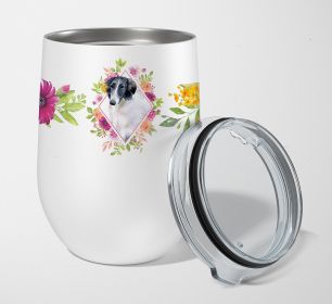 Borzoi Pink Flowers Stainless Steel 12 oz Stemless Wine Glass