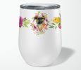 Brussels Griffon Pink Flowers Stainless Steel 12 oz Stemless Wine Glass
