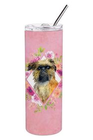 Brussels Griffon Pink Flowers Stainless Steel Skinny Tumbler
