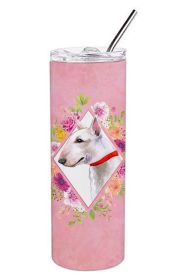 Bull Terrier Pink Flowers Stainless Steel Skinny Tumbler