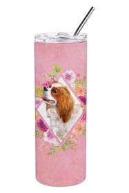 Cavalier King Charles Spaniel Pink Flowers Stainless Steel Skinny Tumbler