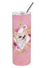 Chihuahua - Longhair - Pink Flowers Stainless Steel Skinny Tumbler