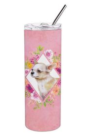 Chihuahua #2 Pink Flowers Stainless Steel Skinny Tumbler