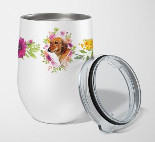 Dachshund - Red #1 - Pink Flowers Stainless Steel 12 oz Stemless Wine Glass