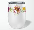Dachshund - Red #1 - Pink Flowers Stainless Steel 12 oz Stemless Wine Glass