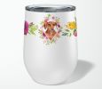 Dachshund - Red #2 - Pink Flowers Stainless Steel 12 oz Stemless Wine Glass