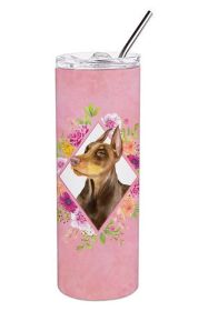 Doberman Pink Flowers Stainless Steel Skinny Tumbler