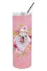 English Bulldog Pink Flowers Stainless Steel Skinny Tumbler