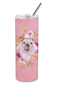 English Bulldog Pink Flowers Stainless Steel Skinny Tumbler