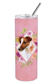 Jack Russell Terrier 3 Pink Flowers Stainless Steel Skinny Tumbler