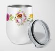 Jack Russell Terrier #2 Pink Flowers Stainless Steel 12 oz Stemless Wine Glass