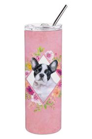 French Bulldog Pink Flowers Stainless Steel Skinny Tumbler
