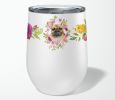 French Bulldog - Fawn 1 - Pink Flowers Stainless Steel 12 oz Stemless Wine Glass