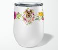 German Shepherd #1 Pink Flowers Stainless Steel 12 oz Stemless Wine Glass