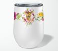German Shepherd #2 Pink Flowers Stainless Steel 12 oz Stemless Wine Glass
