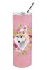 Siberian Husky - Red - Pink Flowers Stainless Steel Skinny Tumbler