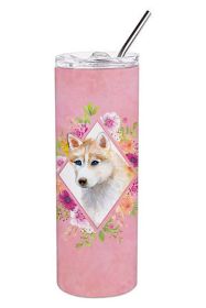 Siberian Husky - Red - Pink Flowers Stainless Steel Skinny Tumbler