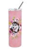 Siberian Husky #1 Pink Flowers Stainless Steel Skinny Tumbler