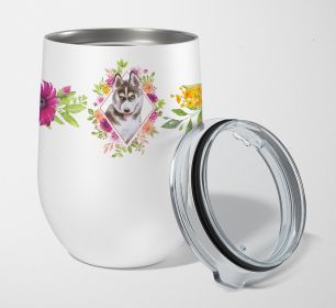 Siberian Husky #2 Pink Flowers Stainless Steel 12 oz Stemless Wine Glass