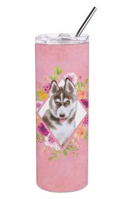 Siberian Husky #2 Pink Flowers Stainless Steel Skinny Tumbler