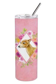 Italian Greyhound 1 Pink Flowers Stainless Steel Skinny Tumbler