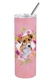 Jack Russell Terrier #1 Pink Flowers Stainless Steel Skinny Tumbler