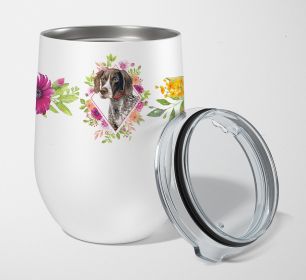 German Shorthaired Pointer Pink Flowers Stainless Steel 12 oz Stemless Wine Glass