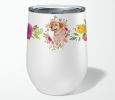 Labrador Retriever - Yellow - Pink Flowers Stainless Steel 12 oz Stemless Wine Glass