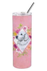 Great Pyrenees Pink Flowers Stainless Steel Skinny Tumbler