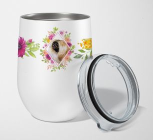 Pekingese Pink Flowers Stainless Steel 12 oz Stemless Wine Glass