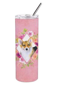Corgi Pink Flowers Stainless Steel Skinny Tumbler