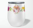 Pomeranian #1 Pink Flowers Stainless Steel 12 oz Stemless Wine Glass