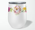 Pomeranian #2 Pink Flowers Stainless Steel 12 oz Stemless Wine Glass
