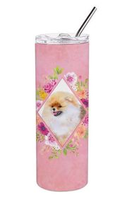 Pomeranian #2 Pink Flowers Stainless Steel Skinny Tumbler