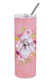Poodle - Standard - White - Pink Flowers Stainless Steel Skinny Tumbler