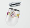 Poodle - White - Mini - Pink Flowers Stainless Steel 12 oz Stemless Wine Glass
