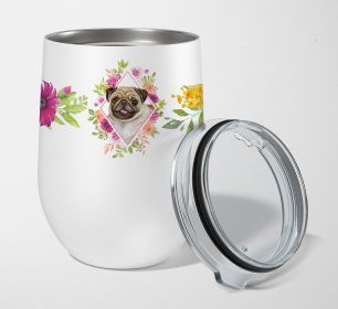 Pug - Fawn - Pink Flowers Stainless Steel 12 oz Stemless Wine Glass