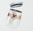 Pug - Fawn - Pink Flowers Stainless Steel 12 oz Stemless Wine Glass